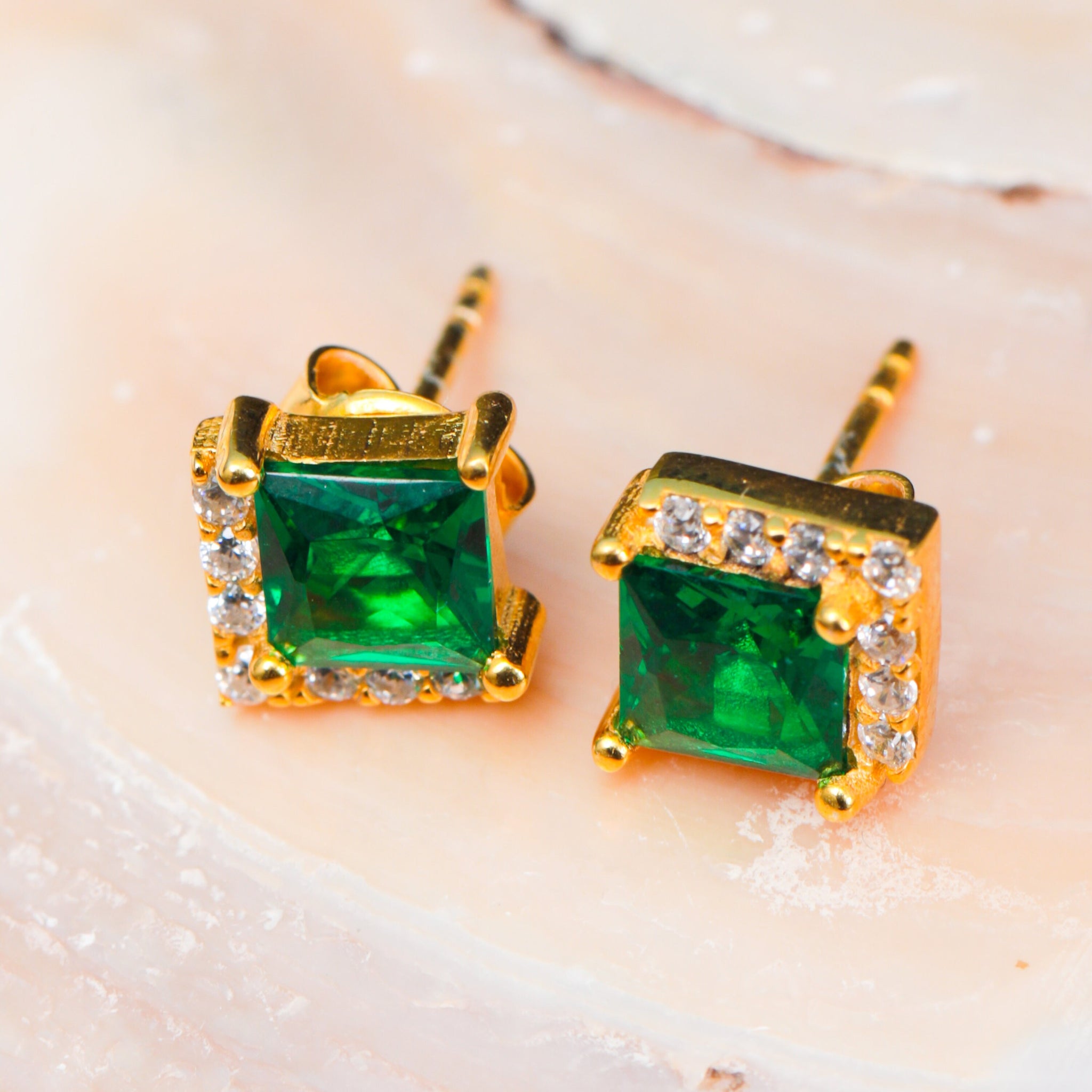 14k Gold Emerald Square Stud Earrings Dainty 14k Gold or Silver Green  Emerald Studs Green Emerald Earrings Silver Emerald and Diamond Studs