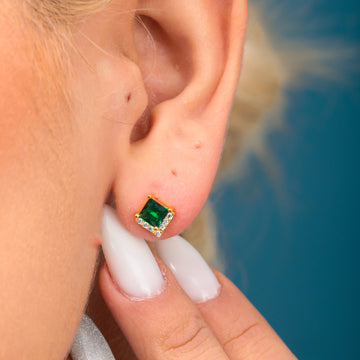 14k Gold Emerald Square Stud Earrings Dainty 14k Gold or Silver Green  Emerald Studs Green Emerald Earrings Silver Emerald and Diamond Studs