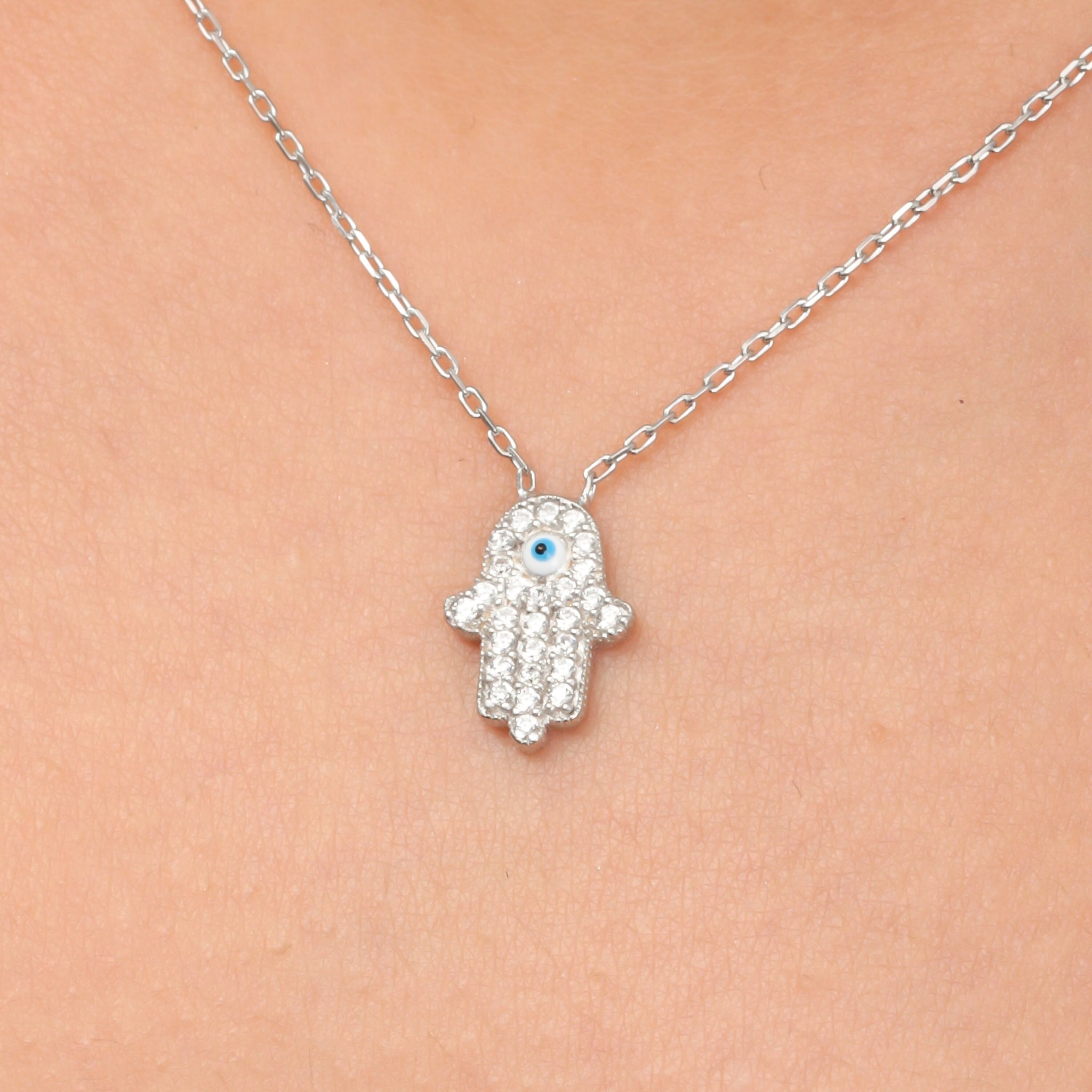 Tiny Hamsa Evileye Necklace Diamond Hamsa Hand Evil Eye Choker Good Luck Necklace Gift For Anniversary Gift For Mommy