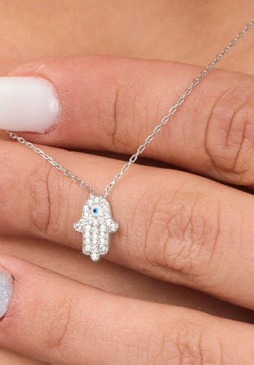 Tiny Hamsa Evileye Necklace Diamond Hamsa Hand Evil Eye Choker Good Luck Necklace Gift For Anniversary Gift For Mommy